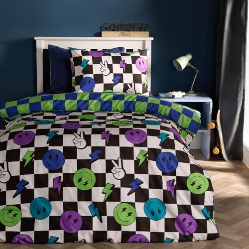OHS Checkerboard Double Duvet Set Boys Bedding Gifts for Boys Girls Super Soft Cosy Warm Microfibre Polyester Kids Bedding Quilt Cover Reversible Kids Duvet Set with Pillowcases Monochrome