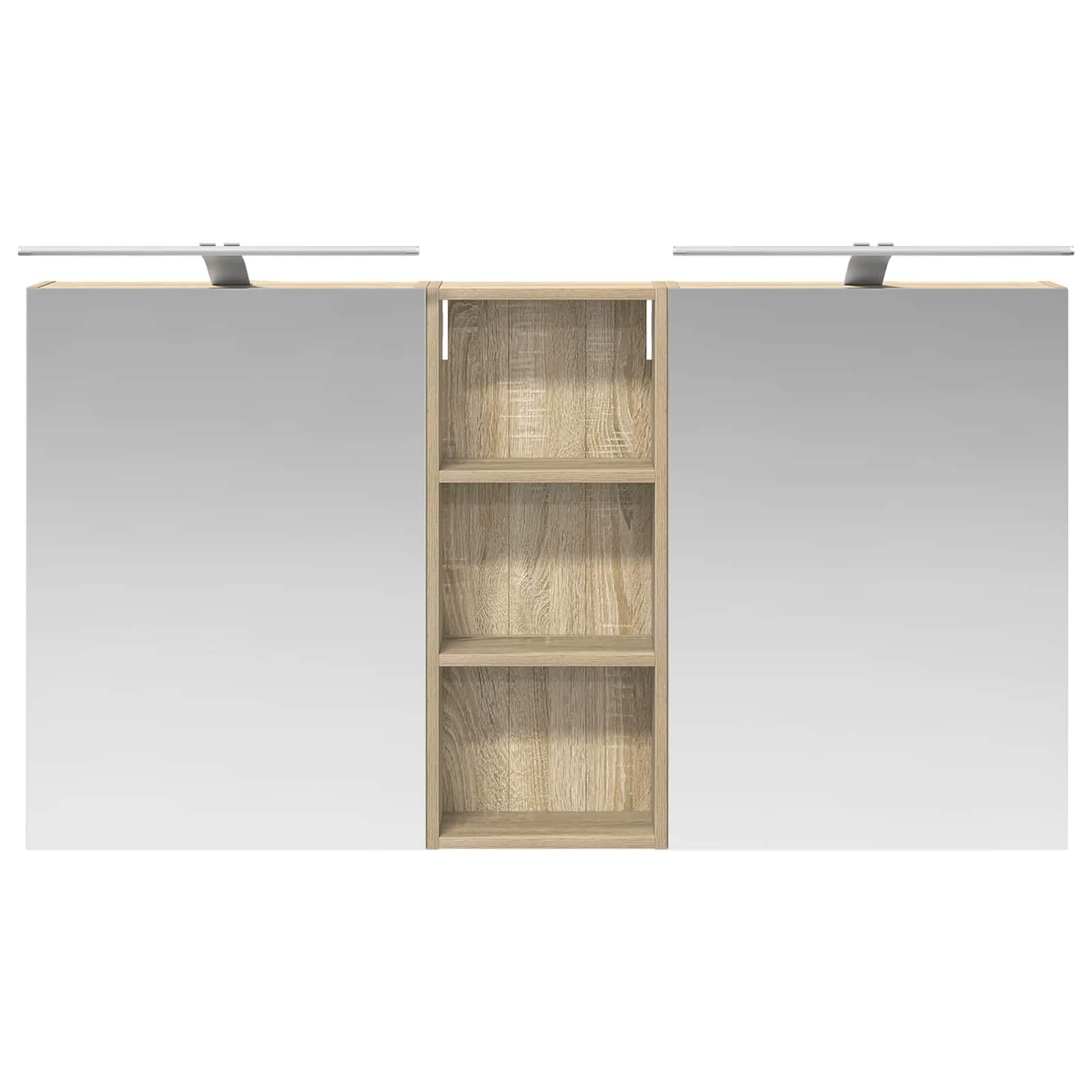 3-częściowy zestaw szafek łazienkowych z materiału drewnopochodnego 130 x 14,5 x 70 cm, montowana na ścianie, z oświetleniem LED i dwukierunkowym lustrem, do łazienki, WC i pralni, miejsce