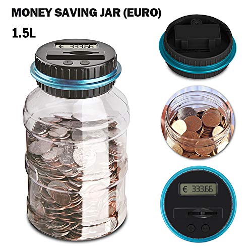 ALLOMN Box D'économie d'argent, Boîte à Compter 1.5L / 1.8L Tirelire Tirelire Comptage Numérique Affichage LCD Grande Capacité Cadeau de Noël pour Enfants (1.5L, Aucune Fonction Noctilucent)