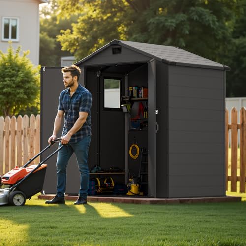 Image of Greesum 6x4FT Plastic Outdoor Storage Shed with Floor, Resin Sheds with Lockable Double Door, Tool Sheds with Vents and Window, for Garden, Backyard, Patio, Dark Gray
