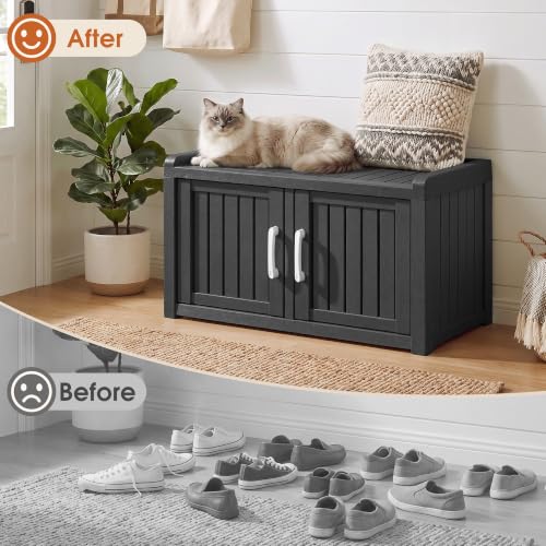 Image of Outdoor Shoe Storage Cabinet, Waterproof UV-Resistant Resin Storage Bench Indoor Outdoor with 2 Doors, Adjustable Shelves for Entryway, Bedroom, Hallway,Living Room(Black)