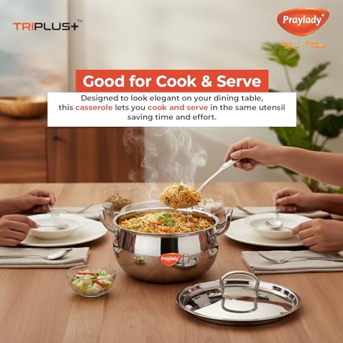 Image of Praylady Triplus+ Pro Belly Triply Handi | 18 cm 2.8 L | Belly Shape Cook & Serve Casserole | Induction Gas Ready | Biryani Rice Dal Curry Pot | Stock Pot | Stainless Steel Lid | Less Oil | Even Heat