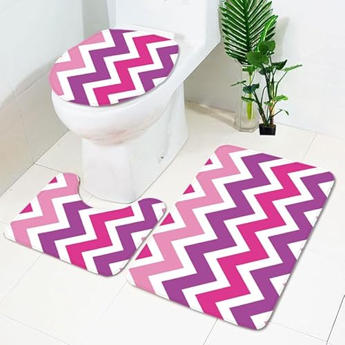 Bad Teppiche Set Gestreift Rosa Lila Badezimmerteppich Waschbar WC Vorleger mit Ausschnitt und WC Deckelbezug 3 Teilig Badematte rutschfest Toilettensitzbezug Badgarnitur 50x80 cm