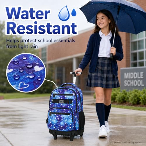 Image of 3Pcs Rolling Backpack for Girls, 19 Inche Women Roller Bag with Wheels for Adults, Wheeled Bookbag with Lunch Box(Blue)