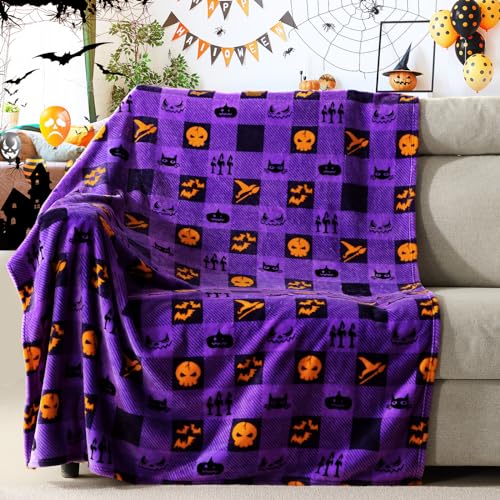 Touchat Halloween Blanket, Fleece Throw Blankets, Buffalo Plaid Throw Blanket for Couch Sofa Bed, Soft Warm Fuzzy Cozy Plush Checkered Blanket, Farmhouse Fall Decor, Purple