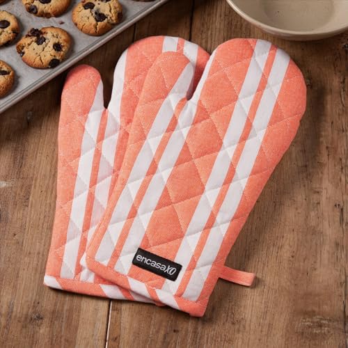 Image of Encasa XO Oven Gloves for Microwave (2 pc Set) - Heat Proof, Thick & Safe | Longer 18x30 cm Mittens for Protection in Kitchen Cooking & Baking - Franca Orange Stripes