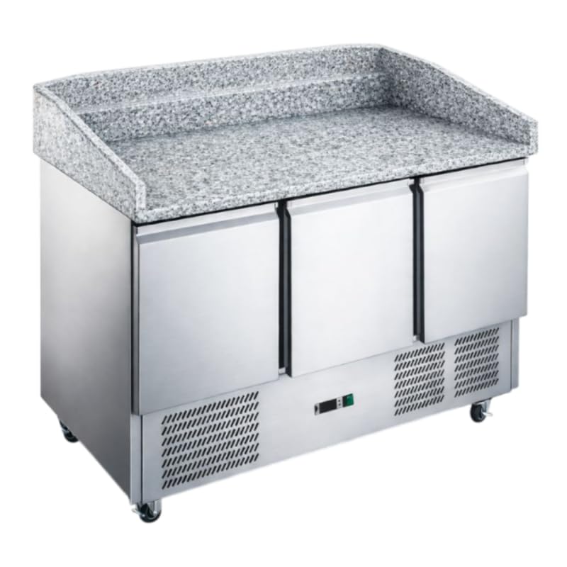 GN 1/1 R290 - Mesa de pizza refrigerada de 3 puertas de granito, 1400 mm, 368 L, con respaldo