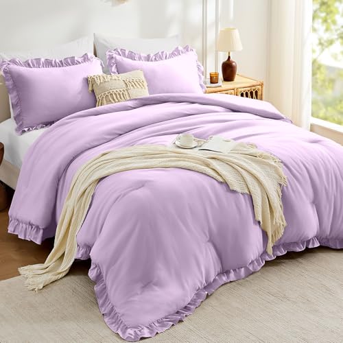 Image of FUANNA Full Size Comforter Sets Lavender, 3 Pieces Ruffle Full Size Bedding Sets, Fluffy Bed in a Bag Full for All Seasons, Shabby Chic Full Bed Set with 1 Lightweight Comforter & 2 Pillowshams