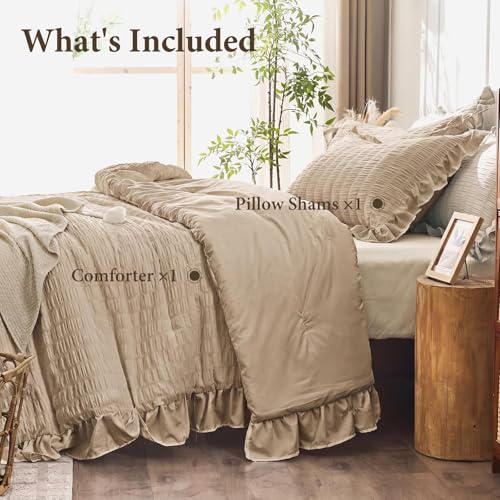 Image of JOLLYVOGUE Khaki Twin /Twin XL Comforter Set, 2 Pieces Seersucker Lightweight Fluffy Bedding Set, Twin Ruffle Comforter, All Season Soft Microfiber Shabby Chic Bed Set