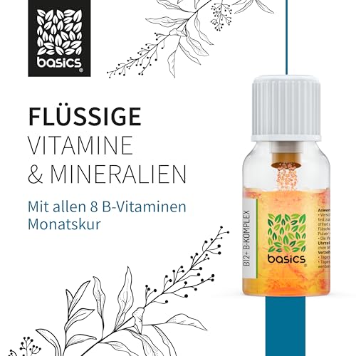 basics B12 + B-Komplex mit allen 8 B-Vitaminen - Hochdosiert mit 500mcg Vitamin B12 - für mehr Energie und Unterstützung des Nervensystems - 30 Trinkflaschen - 10ml pro Tagesdosis – Vegan