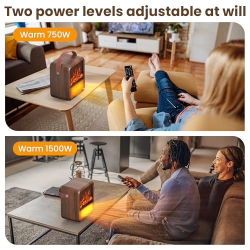 Image of Riseon Small Portable Space Heater for Indoor use with Realistic 3D Flame, Mini Electric Fireplace Heater with Thermostat, 1500W /750W PTC Ceramic Heating, Tip-Over Safety Switch, Walnut