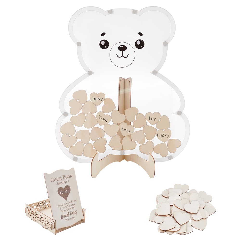 UNICRAFTALE Bear Babys Shower Guest Book Alternative Baby Shower Decorations with Wooden Stars for 30 Guests Sign Picture Frame Pregnancy Keepsake for Soon to Be Moms Wedding Birthday Party Keepsake
