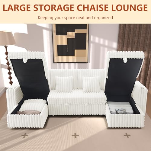 Image of 124'' Sectional Sleeper Sofa with Pull Out Bed, Storage Chaise, Adjustable Backrest, USB Charger, Cup Holder & Side Pocket, Fluffy Soft Corduroy U Shaped Couch for Living Room, Beige