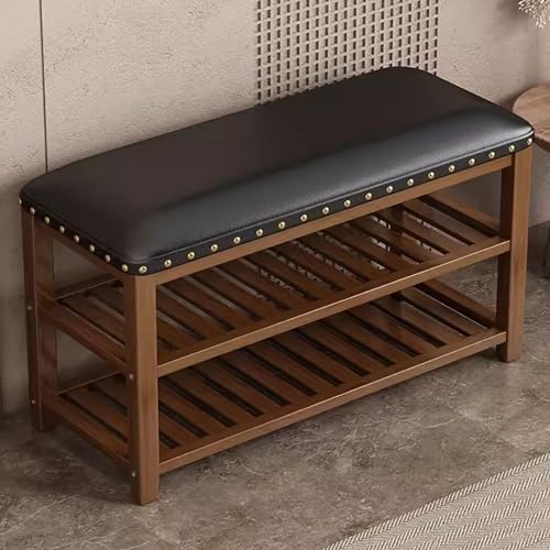 Banc à chaussures en bambou à 3 niveaux avec coussin d'assise rembourré pour entrée
