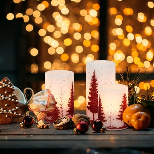Image of GenSwin Christmas Flameless Candles with Timer, Red Christmas Tree LED Flickering Candles Real Wax, 3 Pack Pillar Fake Candle for Winter Indoor Fireplace Christmas Decor Table(D3 inch x H4 inch5 inch6 inch)