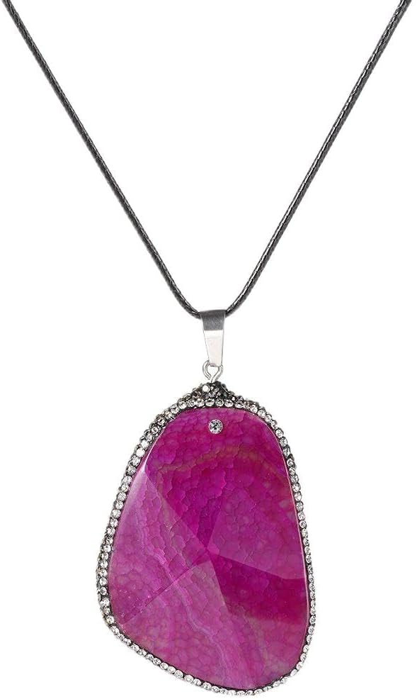 Oval Agate Gemstone Pave Rhinestone Crystal Edge Natural Geode Necklaces (6)