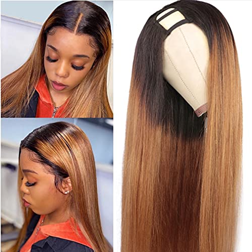 Haha 10A Straight U Part Wig Ombre Human Hair Wigs 20 Inch Brown Straight U Shape Half Wig For Black Women Glueless Brazilian Remy Hair Wig 150 Density Middle Part