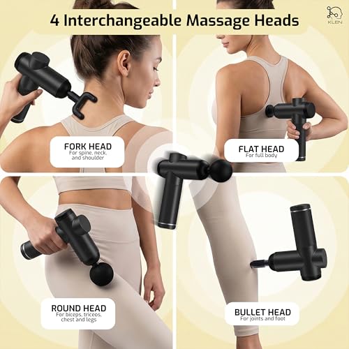 Image of KLEN Rechargeable Massager Gun For Body Pain Relief with 4 Interchangeable Heads Cordless Electric Handheld Massage Machine for Back, Neck, Shoulders & Legs and Adjustable Speeds