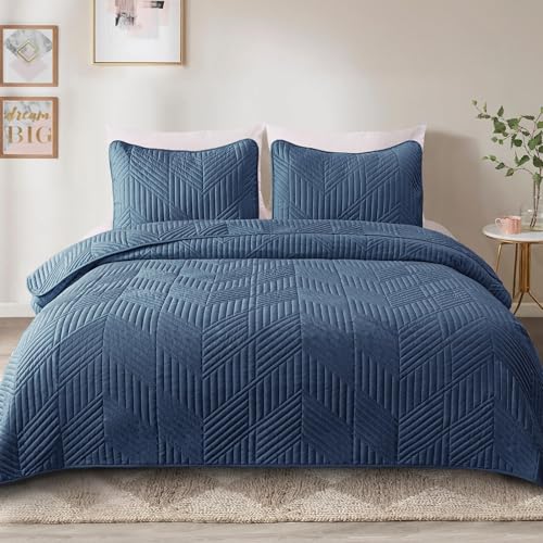 Exclusivo Mezcla Ultrasonic Twin Quilt Bedding Set, Lightweight Navy Blue Bedspreads Soft Modern Geometric Coverlet Set for All Seasons (1 Quilt and 1 Pillow Sham)