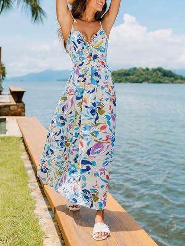 Image of CUPSHE Summer Dress for Women V Neck Sleeveless Floral Cutout Smocked Ruffled Maxi Formal Beach Dress