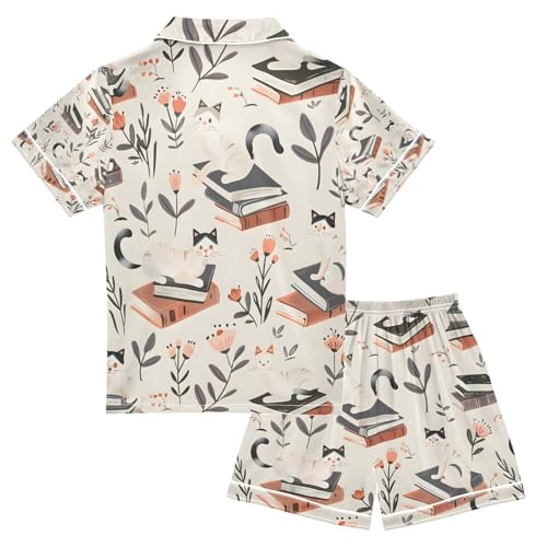 senya Cats and Books Satin Summer Pajama Sets Silk Short Sleeve Button Down Sleepwear2