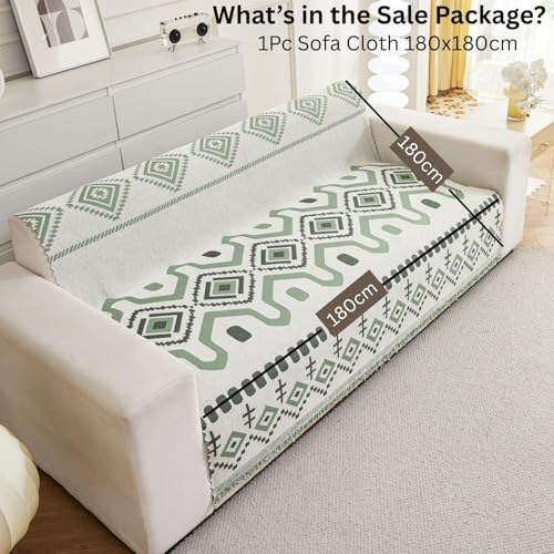 Image of HOMETHREADS Chenille Bohemian Boho Style Sofa Cover | Thick & Soft Luxury Slipcover | Protective, Washable & Stylish Couch Cover for Living Room Decor. (Bohemian Green, 3 Seater | 180x180cm)