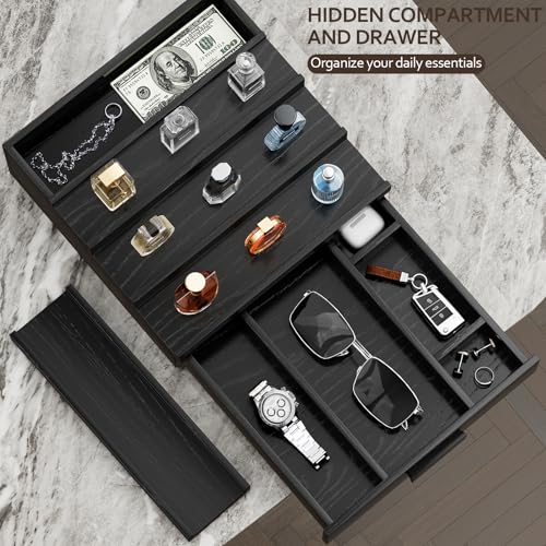 Image of Solid Walnut Cologne Organizer for Men, 4 Tier Cologne Stand, Wooden Cologne Holder Display Shelf with Drawer Storage and Hidden Compartment, Black Perfume Stand Organizer, Gifts for Men