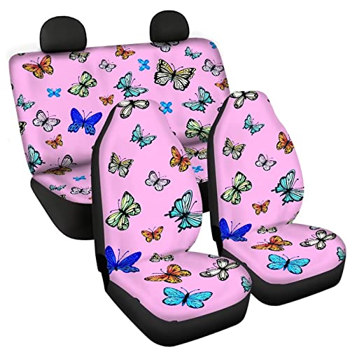 Image of Muti-Color Butterfly Print Pink Seat Covers for Cars Full Set Elastic Durable Non Slip Two Front Seat Cover Rear Bench Universal Car Seat Protector Fit Trucks SUV Comfort Soft Automotive Seat Cover