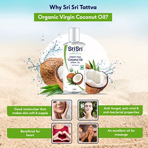 Image of Sri Sri TATTVA shuddhta ka naam Organic Virgin Coconut Oil, 100ml (Pack of 3) - Cold Pressed, Natural, Pure Coconut Oil for Healthy Hair and Skin Care - Suitable for Cooking
