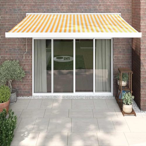 Toldo retráctil amarillo y blanco de 3,5 x 2,5 m, tela motorizada y aluminio, resistente a los rayos UV, para patio y balcón para exteriores