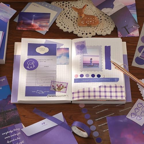 Image of ATIRAMANIYA Scrapbook Kit 232 Pcs, Junk Journal Kit with Journaling Supplies, Scrapbook Paper, A6 Grid Notebook, Washi Stickers, Washi Tape, Scrapbook Kit Craft DIY Gift Set (Purple Book)