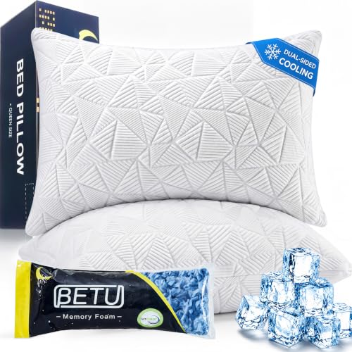 Image of BETU Enhanced Cooling Pillows Queen Size Set of 2, Shredded Memory Foam Cool Pillow for Hot Sleepers, Two Side Cool Adjustable Firm Soft Support Bed Pillows Perfect for Side Back Stomach Sleeper,White