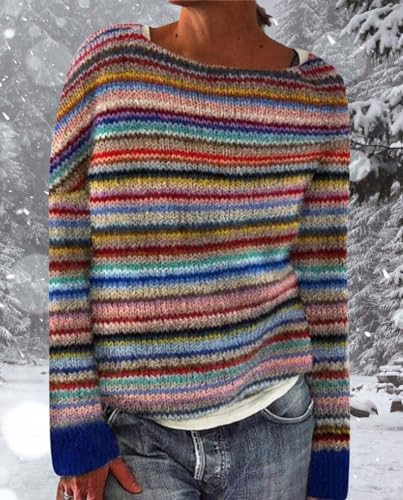 LOAIHA Women's Vintage Fair Isle Pullover Sweater Fall Winter Oversized Casual Striped Crewneck Long Sleeve Knitted Tops3