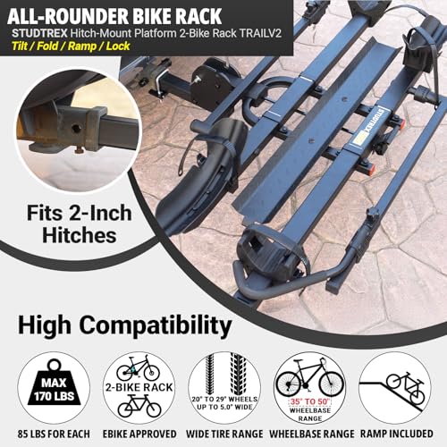 TRAILV2 Hitch Mount 2-Bike Rack with Bike Ramp - Tilt, Fold, Anti-Theft Hitch & Wheel Lock, 170lbs Capacity, 2-Inch Receiver, Up to 5.0" Fat Tire, Electric Bike Rack for Car, SUV, RV, Truck