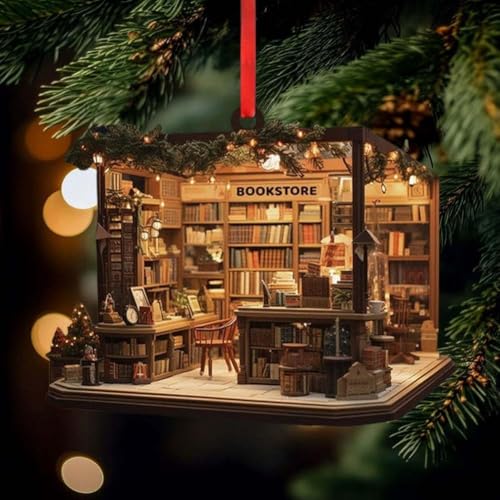 Enfeite de livraria de Natal, enfeite de Natal para amantes de livros, enfeite plano de acrílico 2D para livraria, enfeites de árvore de Natal, enfeites de livro para árvore de Natal, presente de