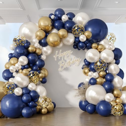 Navy Blue Gold White Balloons Arch Kit -129pcs Double Stuffed Royal Blue Chrome Gold Pearl Sand White Confetti Balloons Garland for Graduation Fathers Day Birthday New Year Wedding Party Decorations