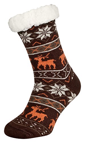 Tobeni 1 Paar Damen Hüttensocken ABS Socken Kuschelsocken mit Anti-Rutsch Noppen Sohle Grösse One Size Farbe Deer Dunkelbraun