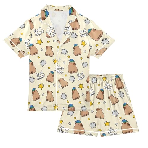 Funny Night Capybara Summer Satin Pajama Set, Cute Button-Down Sleepwear Pj Set for Sleep Wears