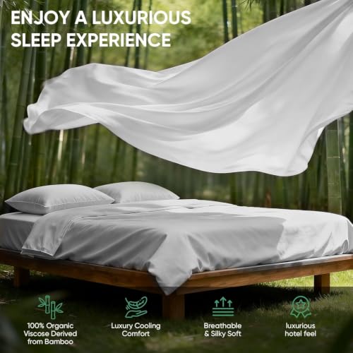 Image of TWK Real 100% Viscose Derived from Bamboo Sheets Set Full Size, Cooling & Silky Soft for Hot Sleeper, Breathable & Moisture Wicking Fabric, 18 inch Deep Pocket with Corner Straps (Gray, Full)