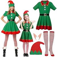 KOOOGEAR Natale Costume Donna Ragazza,Vestiti Da Elfo Set,Natale Festa Costumi Capodanno,Con Vestito,Cappello,Orecchie,Collant,Cintura per Natales St Patrick Day Carnevale (170)