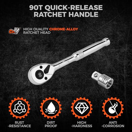 Image of HORUSDY 1 /4 inch Drive 90-Tooth Quick-Release Ratchet Handle with 1 /4 inch to 3 /8 inch Adapter, Reversible Thin Profile Socket Wrench, 4 Swing Arc, Ergonomic Anti-Slip Grip, Ideal for Auto, Bike & Home Repair