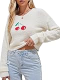 ZAFUL Women's Fuzzy Knit Sweater Floral Daisy Print Long Sleeve Crew Neck Fluffy Casual Pullover Crop Tops