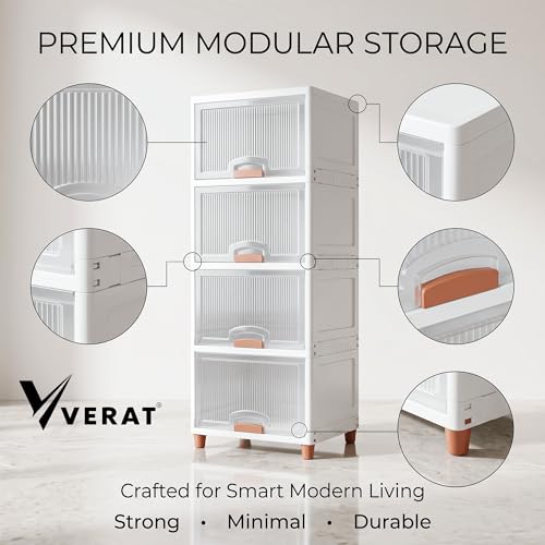Image of VERAT 4 Tier Cupboard for Storage /Stackable Plastic Storage Cabinet /Foldable Wardrobe for Clothes /Multipurpose Storage Organizer /Closet for Bedroom /Living Room /Kitchen (Transparent & White)