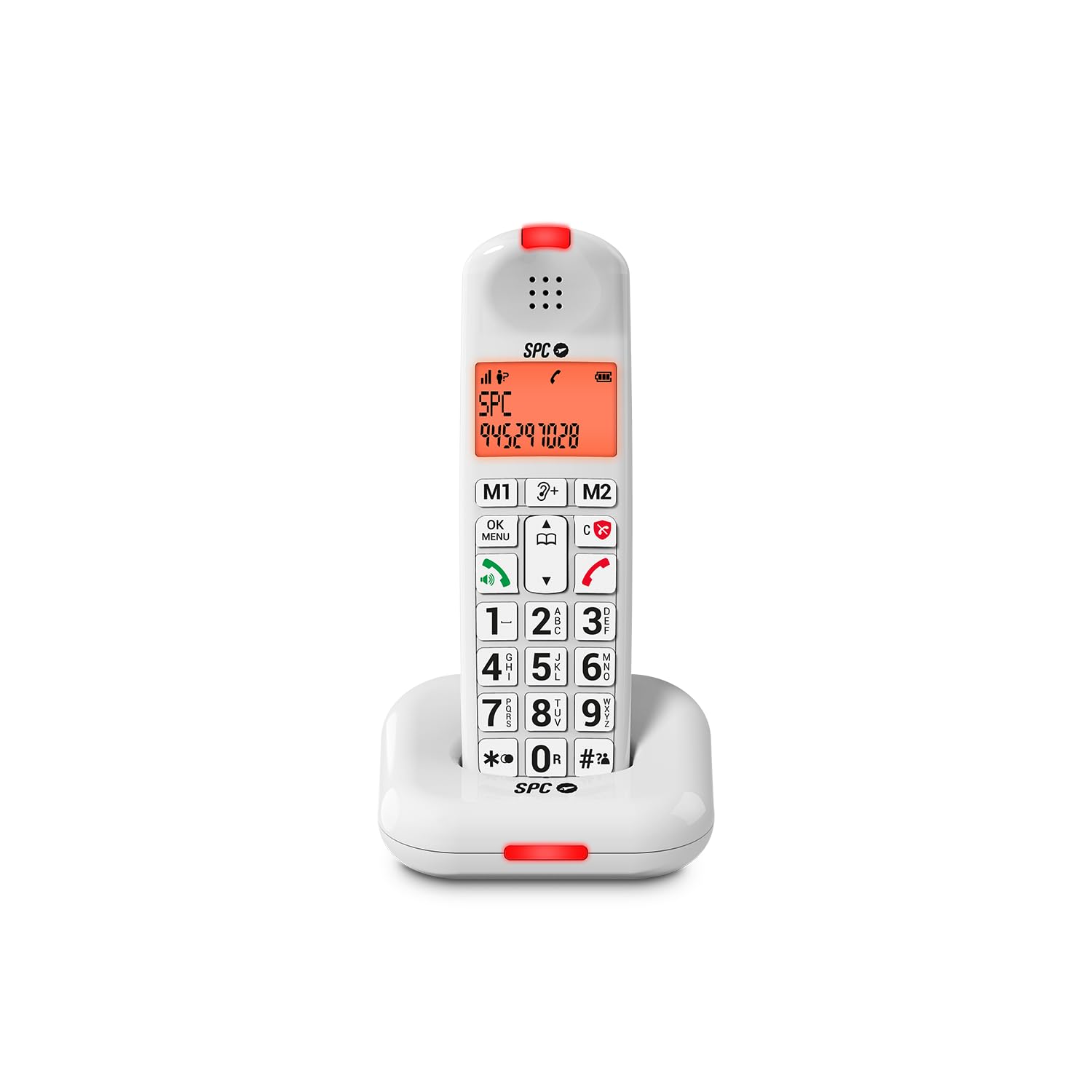 SPC Comfort Kairo - Bezprzewodowy telefon dla seniorów z dużymi przyciskami, wzmocnionym dźwiękiem, kompatybilny ze słuchawkami, blokada połączeń, sygnał świetlny i 2 bezpośrednie pamięci – Biały