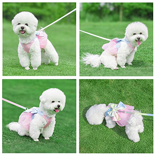 Image of HDKUW Dog Harness Dress with Leash Set,Sweet Colorful Bow Dog Dress Soft Tutu Vest Pet Clothes for Cats Puppy Small Dogs Yellow XS