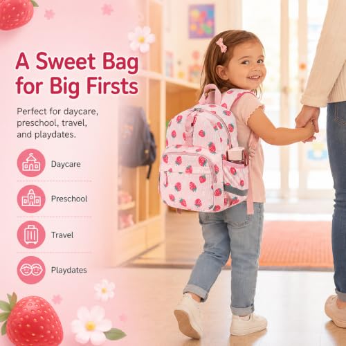 Image of LOIDOU Toddler Backpack for Girls, 15 Inch Preschool Kindergarten Backpack with Insulated Snack Pocket, 13L Corduroy Kids Bookbag with Chest Strap and Water Bottle Pockets, Pink Strawberry
