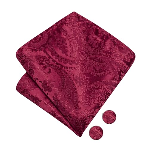 Image of Hi-Tie Bow Tie Men Pre Tied Bowtie Pocket Square Cufflinks Lapel Pin Formal Wedding Bow Ties for Men Party Tuxedo Bowtie Set,Wine Red Paisely Floral