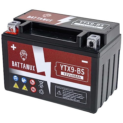 Battanux YTX9-BS y batería para motocicleta, sellada SLA/AGM de 12V8Ah, batería para ATV/UTV/Motonieve/Motocicleta, libre de mantenimiento y sin necesidad de herramientas para la instalación