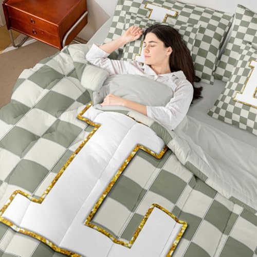 Image of Erosebridal Sage Green Checkered Twin Bed in A Bag 7 Piece Plaid Initial L Comforter Set with Sheets Personalized Monogram Bedding Sets for Kids Adults,Fashion Grids Gingham Bed Set