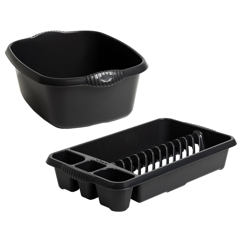 ( Set Of 2 ) 39cm Midnight Greyish Rectangular High Grade Plastic Washing Up Bowl With Stylish Medium Dish Drainer Plate Rack Draining Board Tray Stand Sink Holder Organiser Kitchen Home & Restaurants